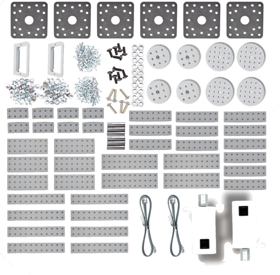 The FlexForge Enhanced parts laid out on white: more gray plates and gears than Basic, plus axles, beams, screws and motors