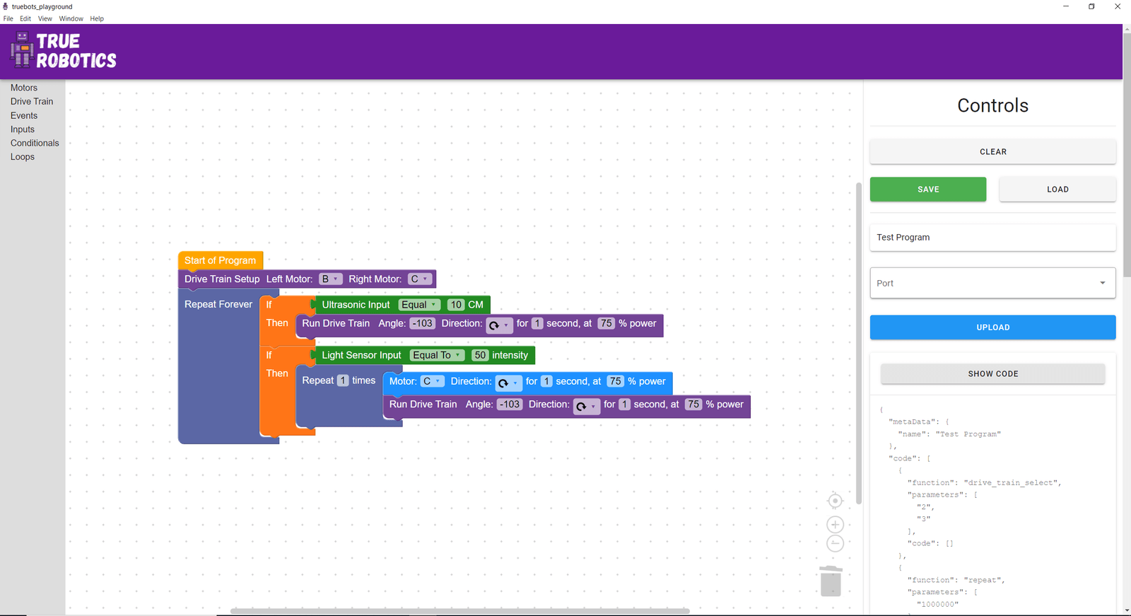 A long block program in True Robotics Playground